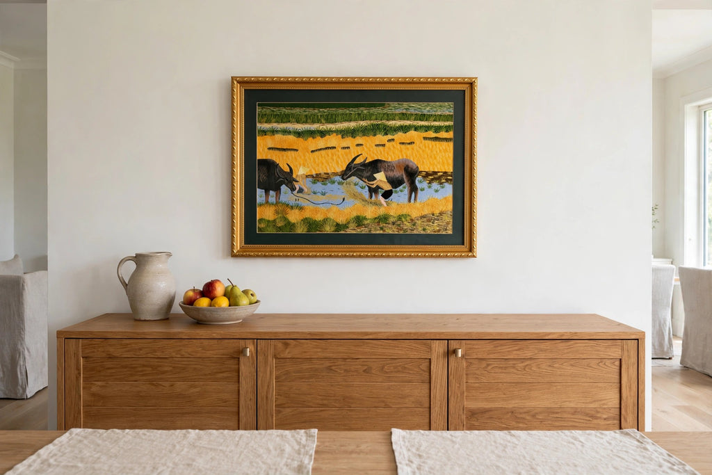 Styled lifestyle photo — the framed Vietnamese embroidery above an oak sideboard in a bright dining room (display inspiration)