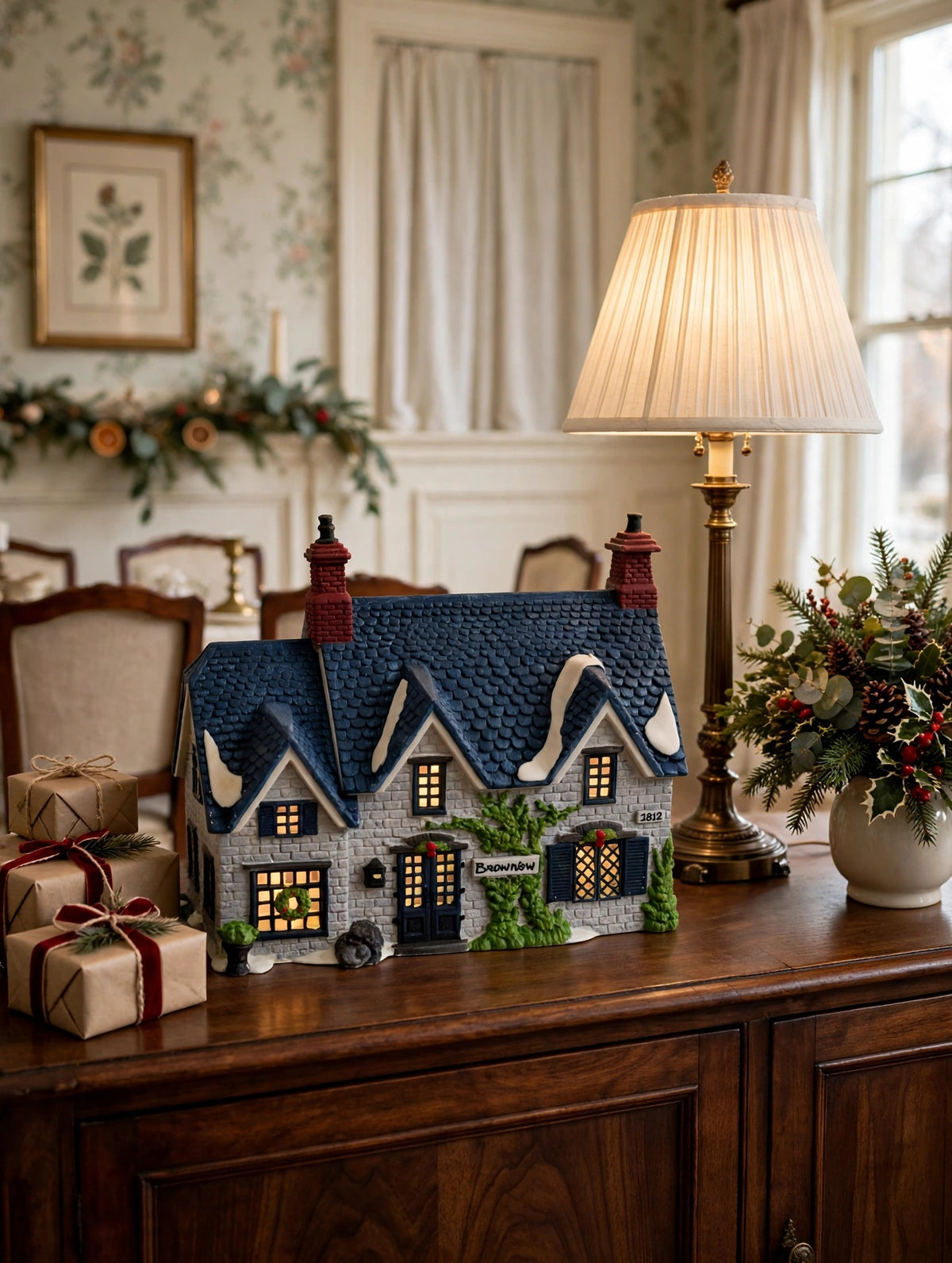 Styled lifestyle photo — Brownlow House on a sideboard beside a table lamp and wrapped gifts (display inspiration)
