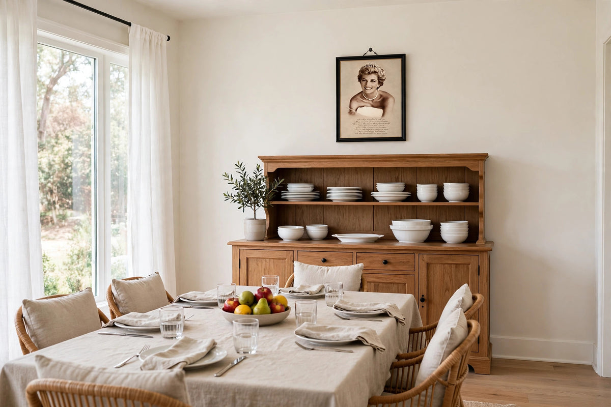 Styled lifestyle photo — the framed Princess Diana memorial print above a wooden hutch in a bright dining room (display inspiration)