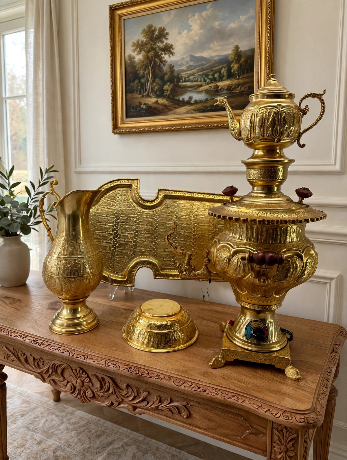 Samovar collection styled on a carved console table in an entry hall (display inspiration)