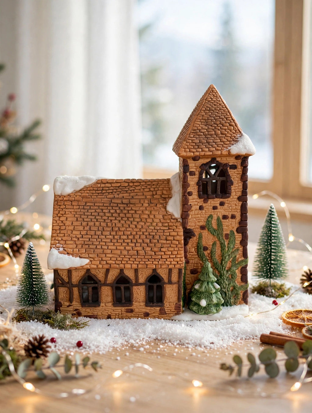 Department 56 Dickens' Village Church in a bright tabletop Christmas vignette with fairy lights – styled display inspiration