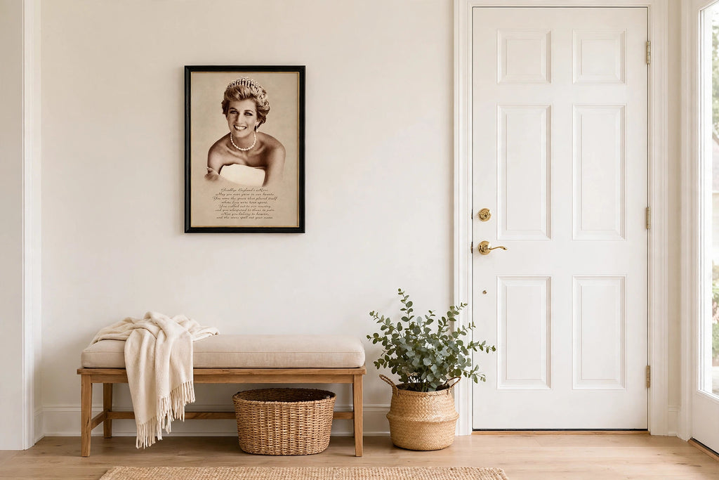 Styled lifestyle photo — the framed Princess Diana memorial print above a cushioned bench in a bright entryway (display inspiration)