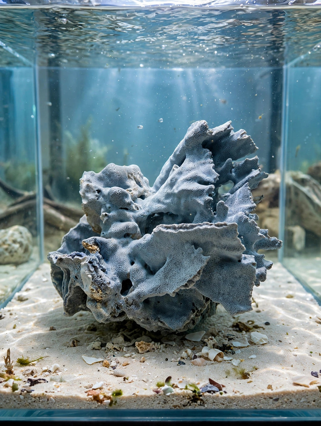 Large natural blue coral specimen in an aquarium display (styled display inspiration)