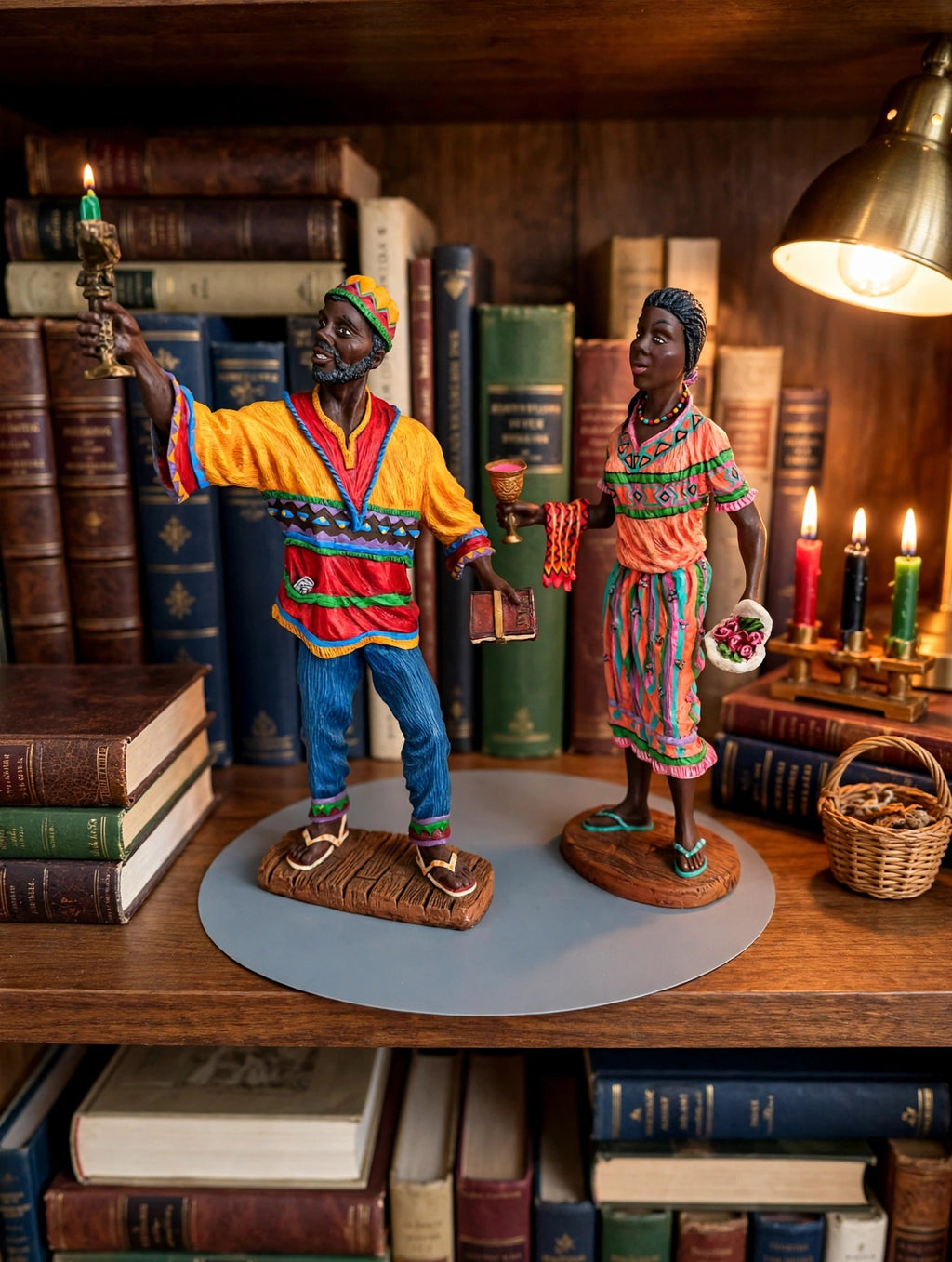 The Kwanzaa pair styled on a bookshelf with books and a small lit kinara — display inspiration