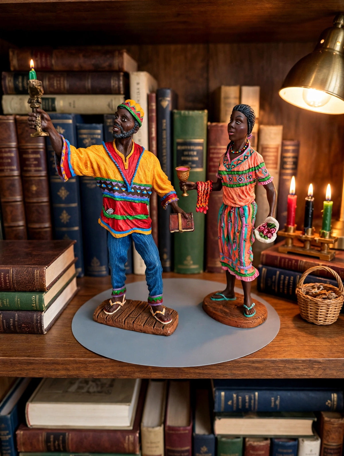 The Kwanzaa pair styled on a bookshelf with books and a small lit kinara — display inspiration