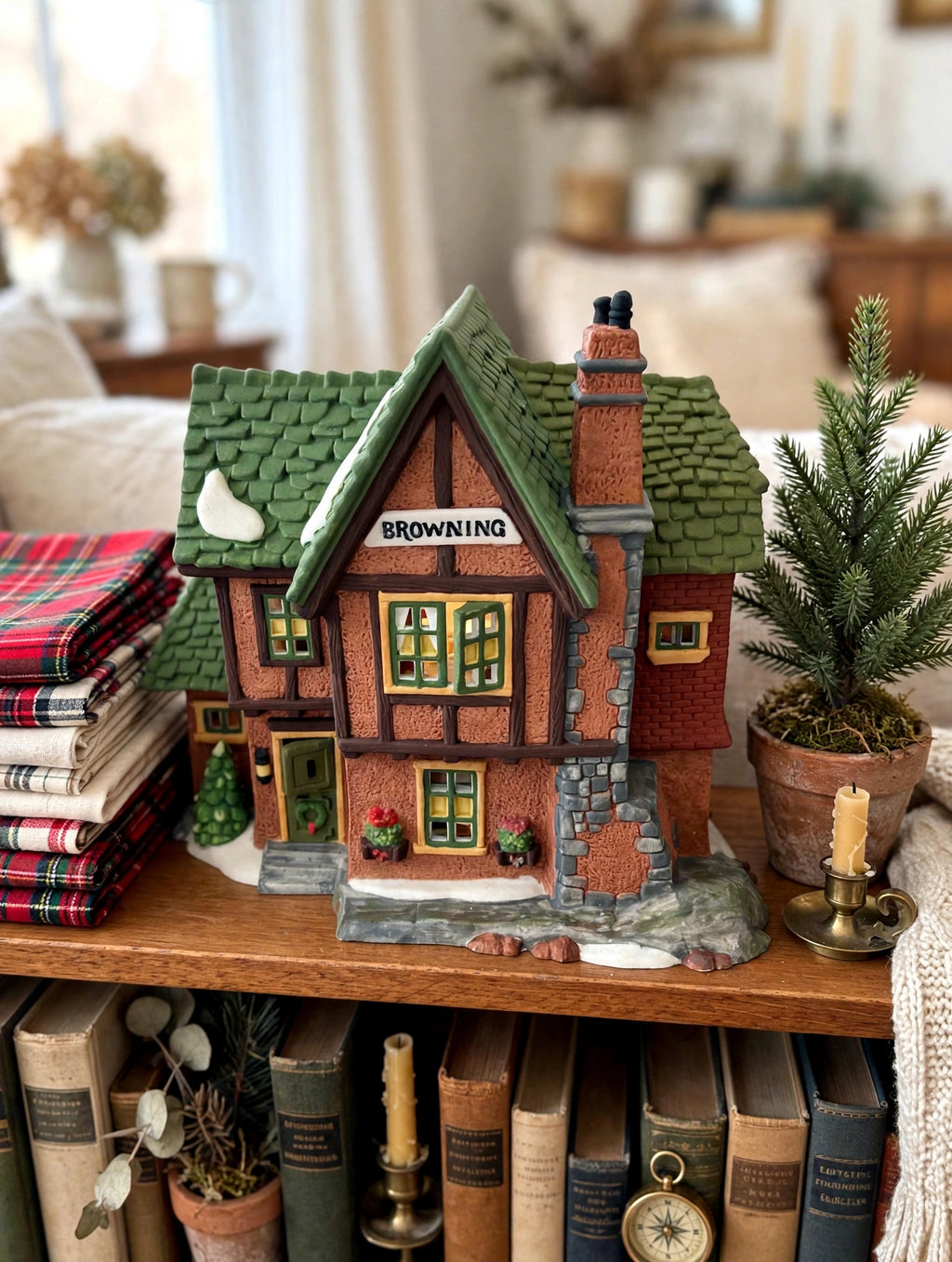 Department 56 Browning Cottage, Dickens' Village, 1994 – shown on a cozy bookshelf (styled display inspiration)