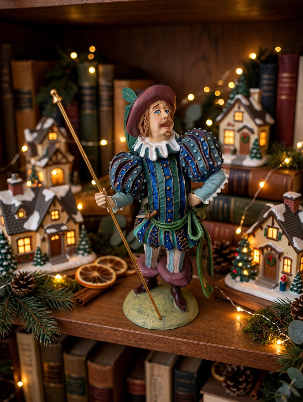 Lord of Misrule displayed on a bookshelf with lit Christmas village houses - display inspiration