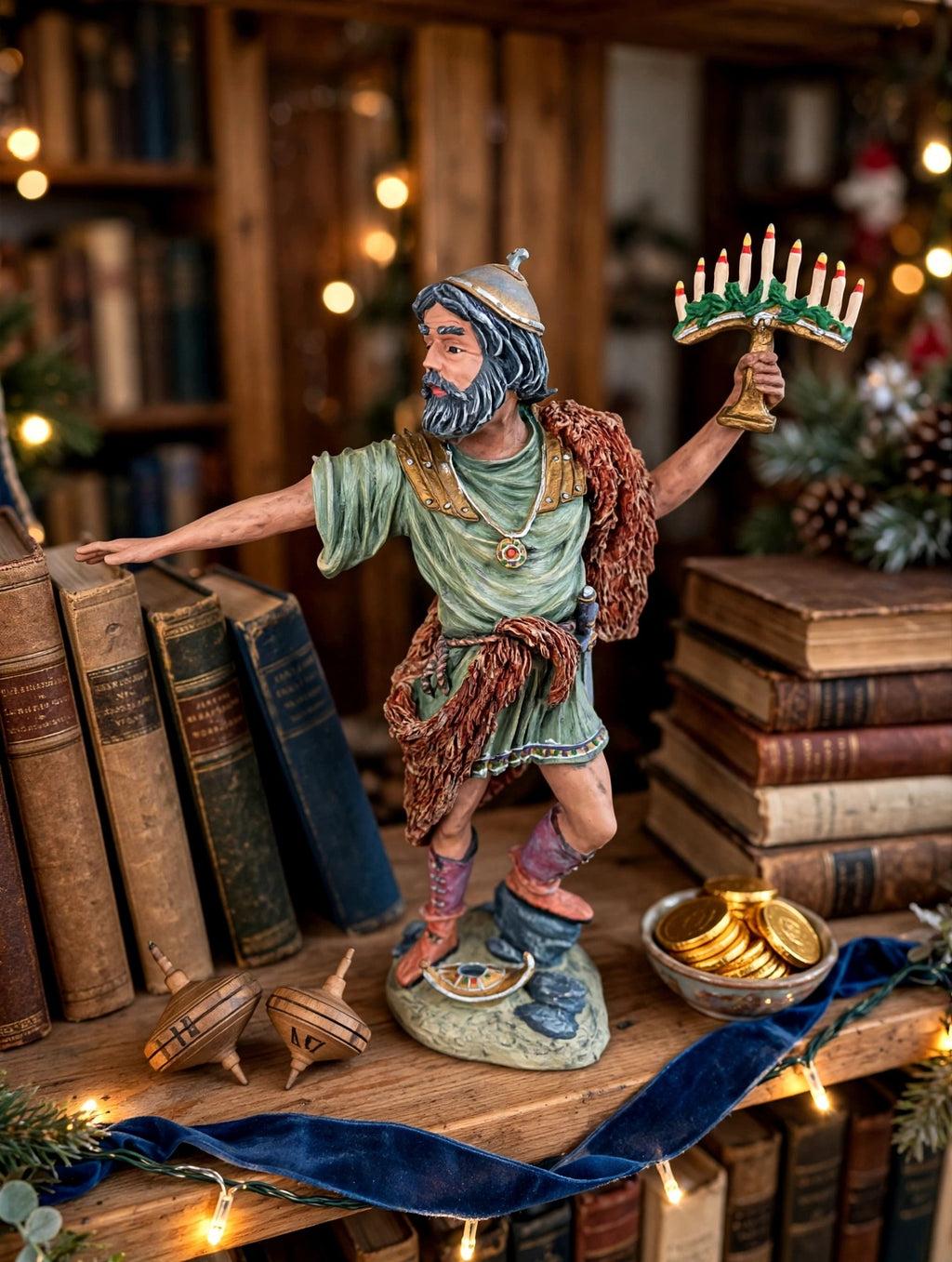 Judah Maccabee displayed on a bookshelf with dreidels and a bowl of gelt - display inspiration
