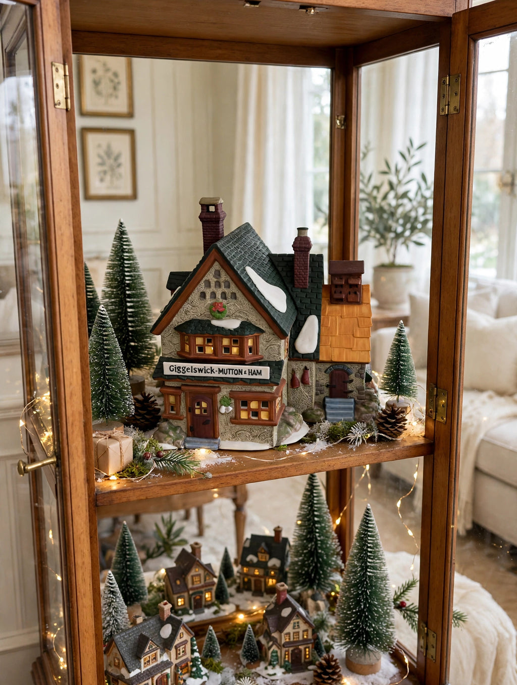 Giggelswick Mutton & Ham in a styled display cabinet Christmas village scene with bottle-brush trees (display inspiration; only the building is included)