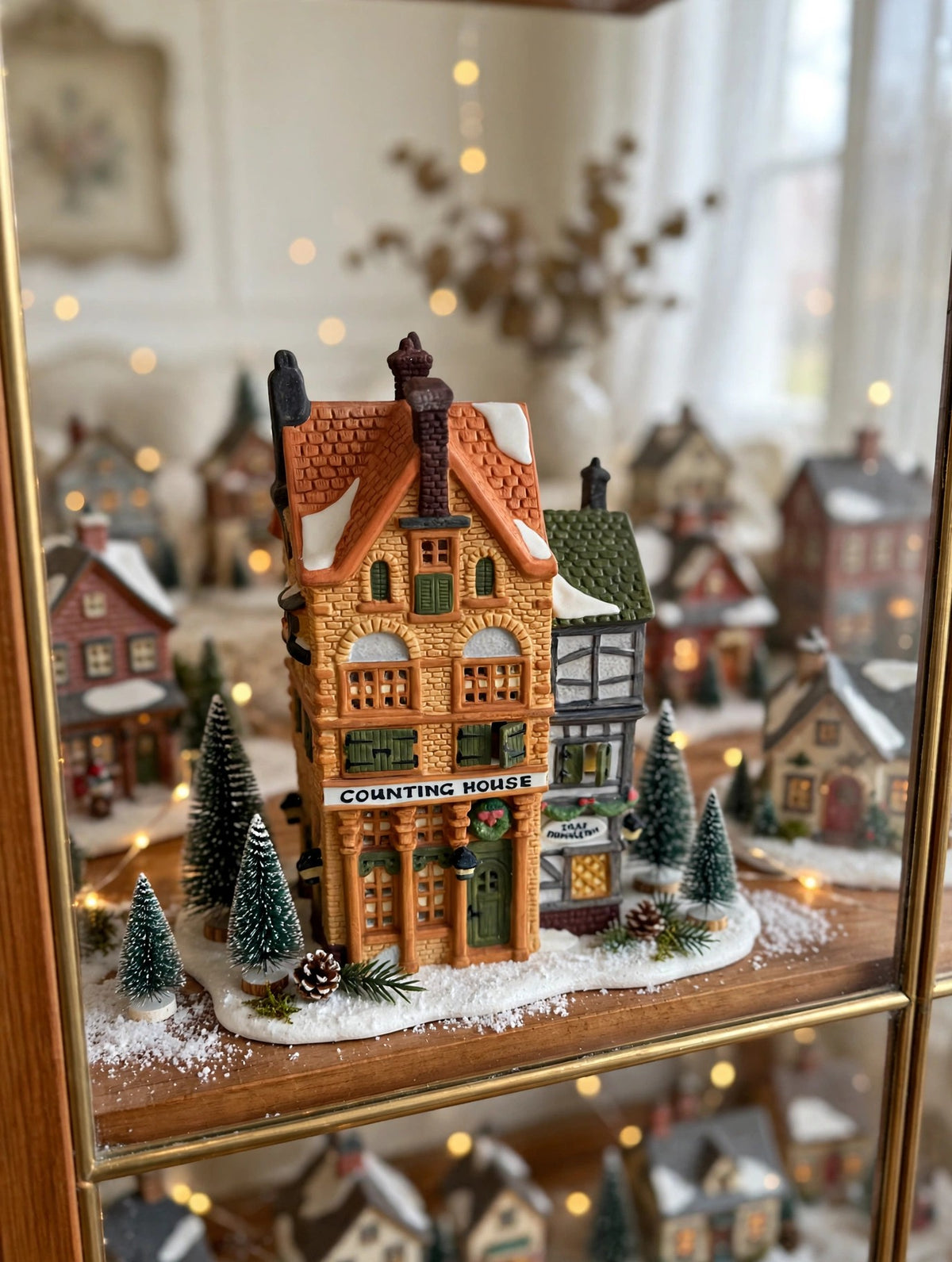 Silas Thimbleton Barrister Counting House in a styled display cabinet Christmas village scene (display inspiration; only the building is included)