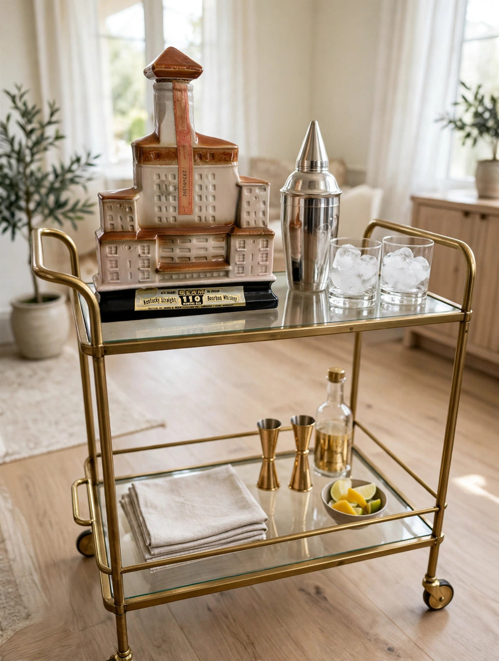 Styled display inspiration: the Broadmoor decanter on a brass bar cart with a cocktail shaker and tumblers