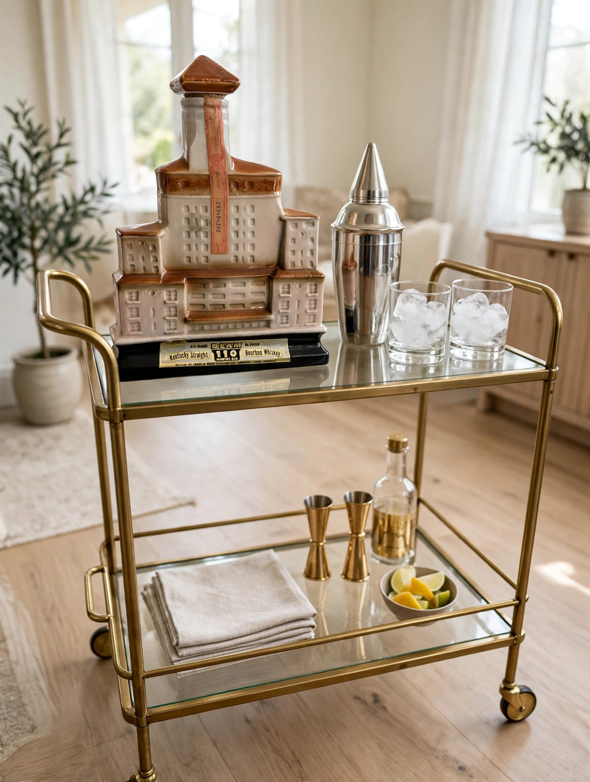 Styled display inspiration: the Broadmoor decanter on a brass bar cart with a cocktail shaker and tumblers