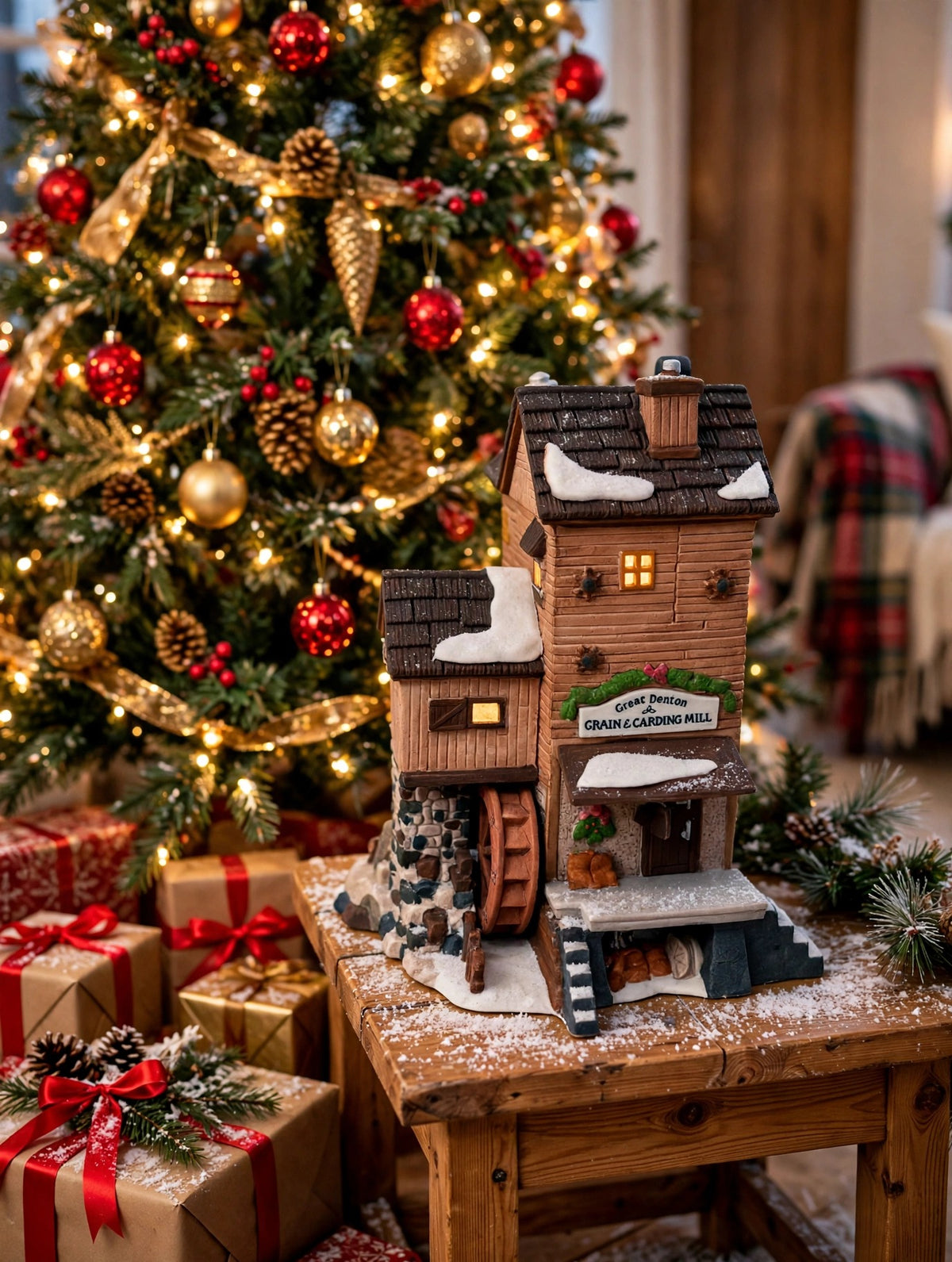 Styled photo - Great Denton Mill beside a decorated Christmas tree (display inspiration)