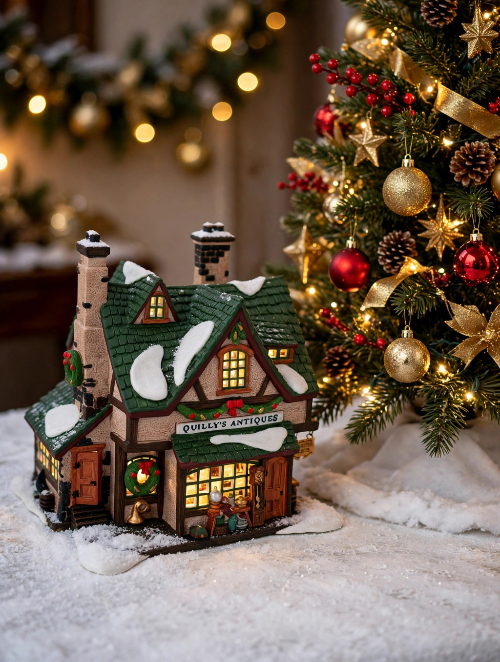 Styled photo - Quilly's Antiques beside a decorated Christmas tree (display inspiration)
