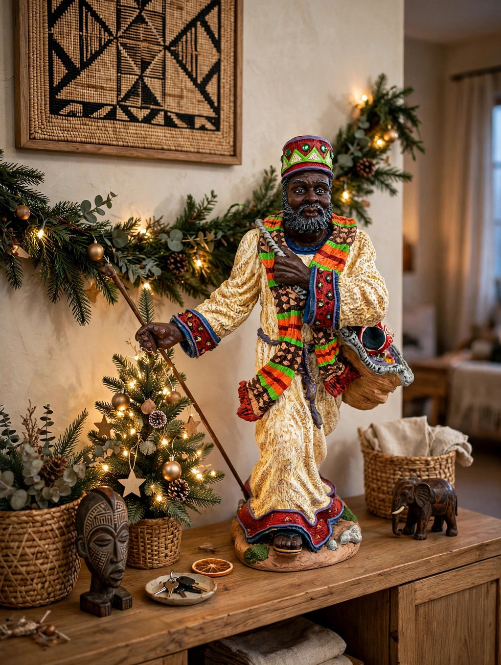 Styled display inspiration — the African American Santa on a console table with a small lit Christmas tree, garland and African carved art, shown at true 12-inch scale
