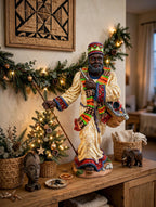 Styled display inspiration — the African American Santa on a console table with a small lit Christmas tree, garland and African carved art, shown at true 12-inch scale