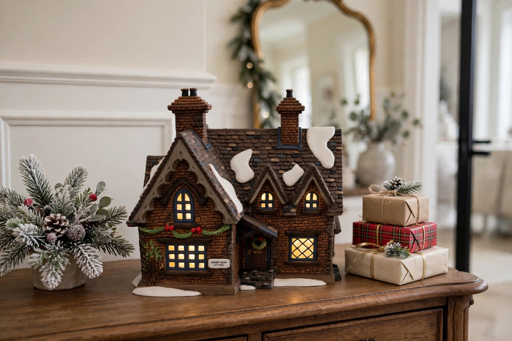 Barmby Moor Cottage in a styled console table Christmas display (display inspiration; only the cottage is included)