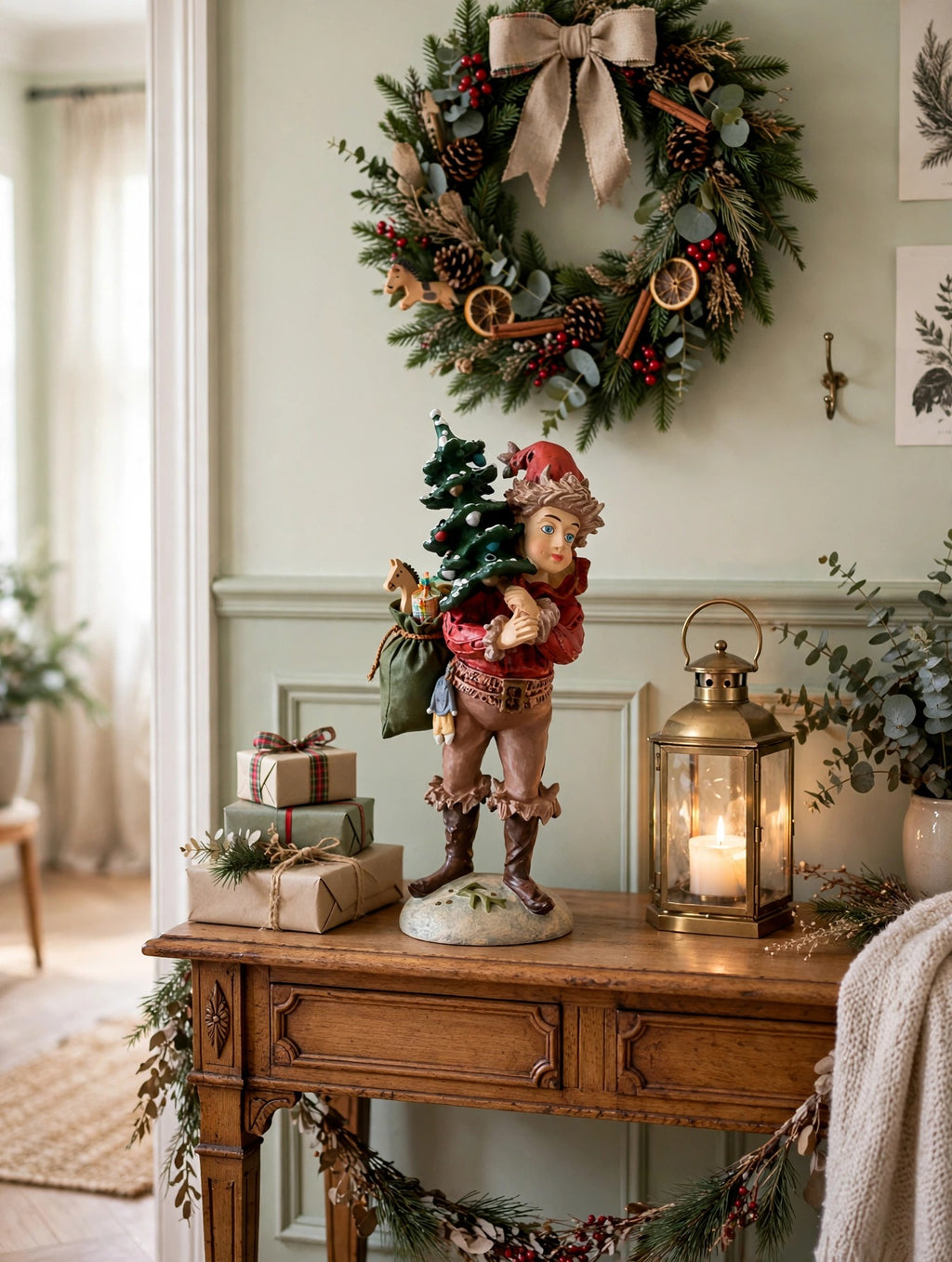 The Pixie displayed on an entryway console with a wreath and lantern (styled display inspiration)