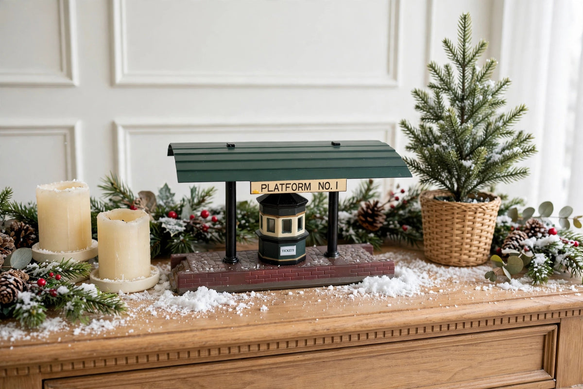 Victoria Station Train Platform styled on an entry console with candles and a potted evergreen — styled scene, display inspiration only (enhanced photo)