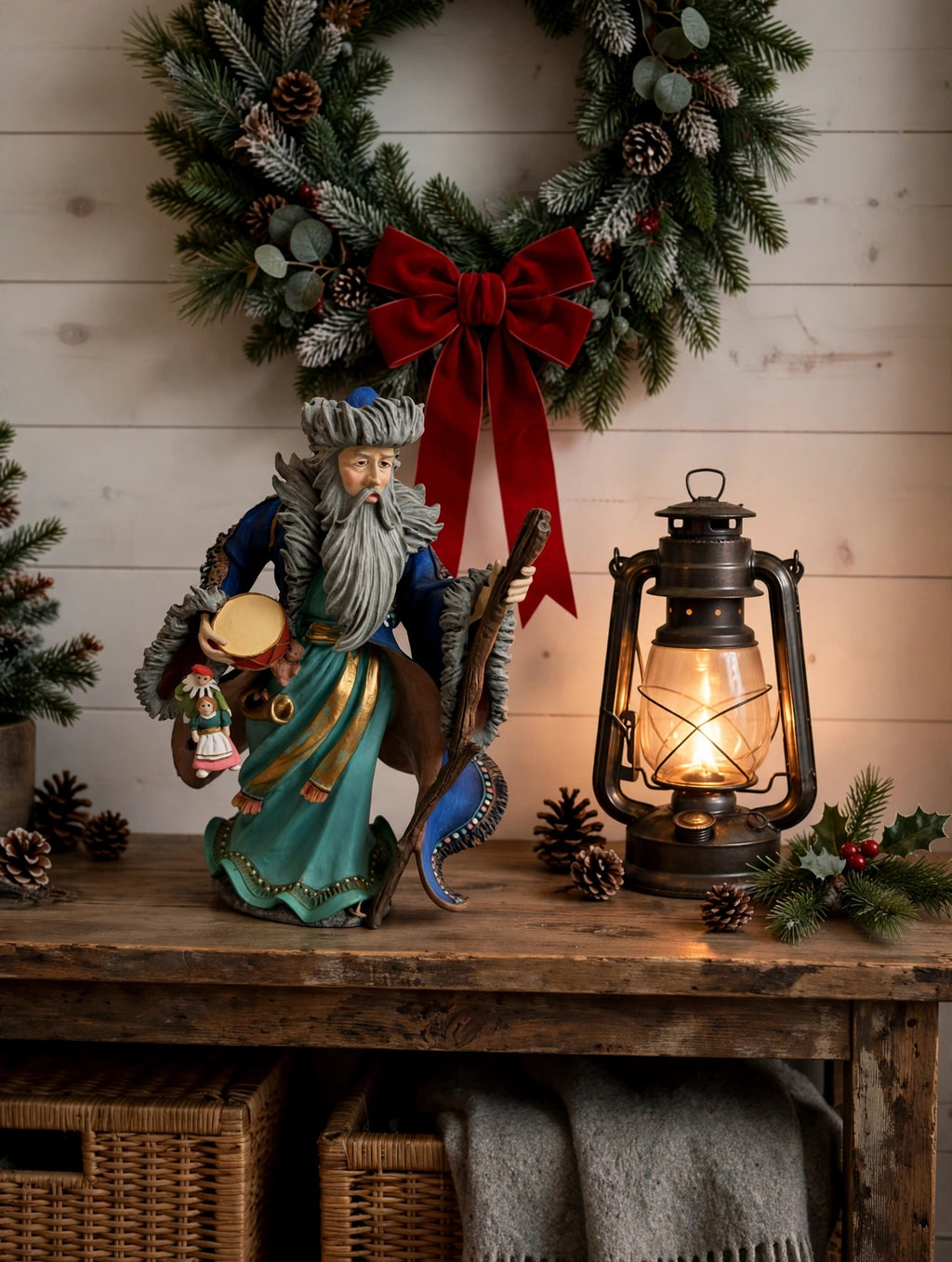 Mongolian Santa displayed on an entryway console with a wreath and lantern (styled display inspiration)