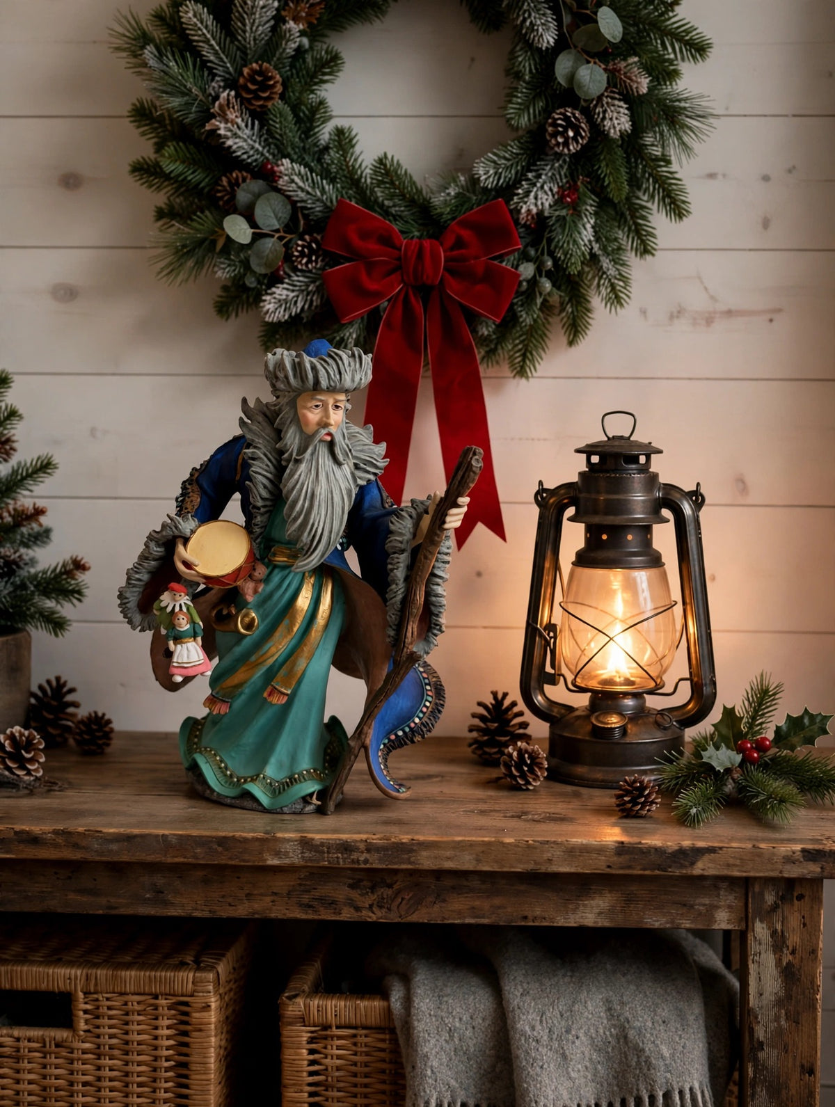 Mongolian Santa displayed on an entryway console with a wreath and lantern (styled display inspiration)
