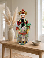 Vintage Chinese porcelain Lu Xing prosperity god statue, Taiwan — styled scene: on a light oak entryway console with a pampas vase (display inspiration)