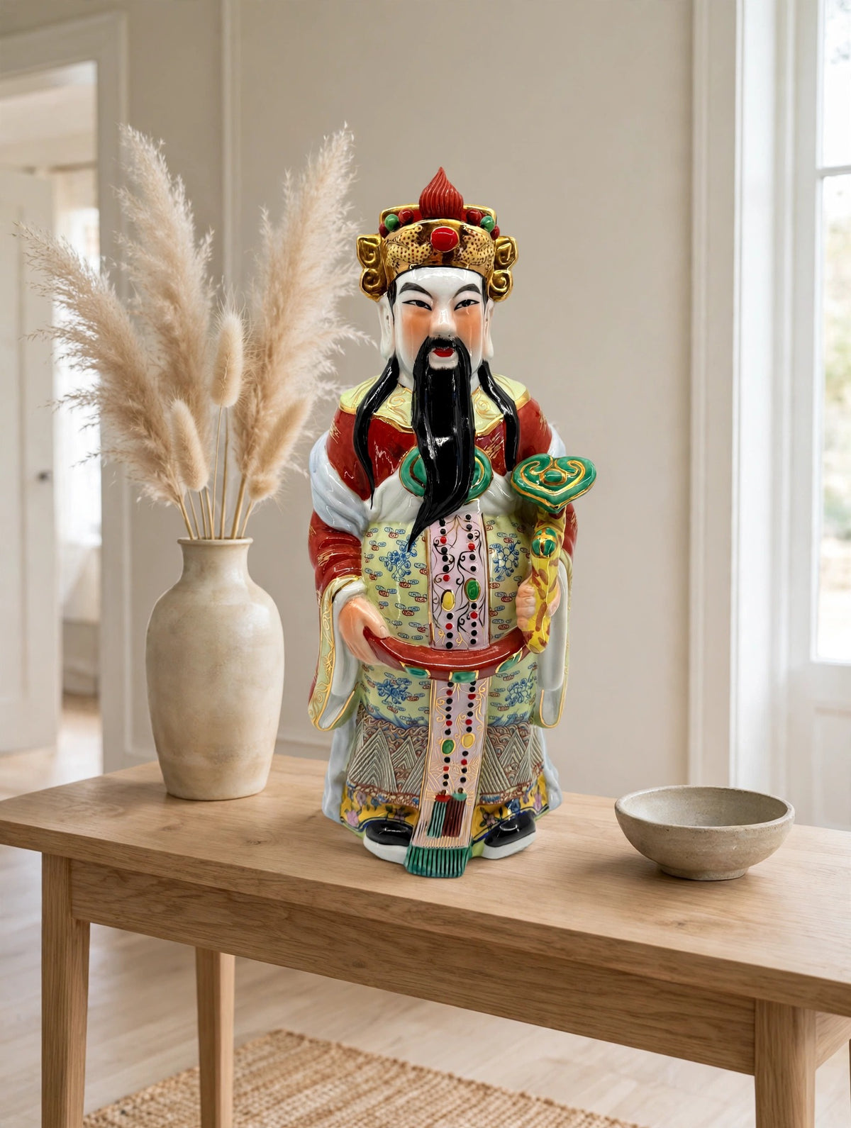 Vintage Chinese porcelain Lu Xing prosperity god statue, Taiwan — styled scene: on a light oak entryway console with a pampas vase (display inspiration)