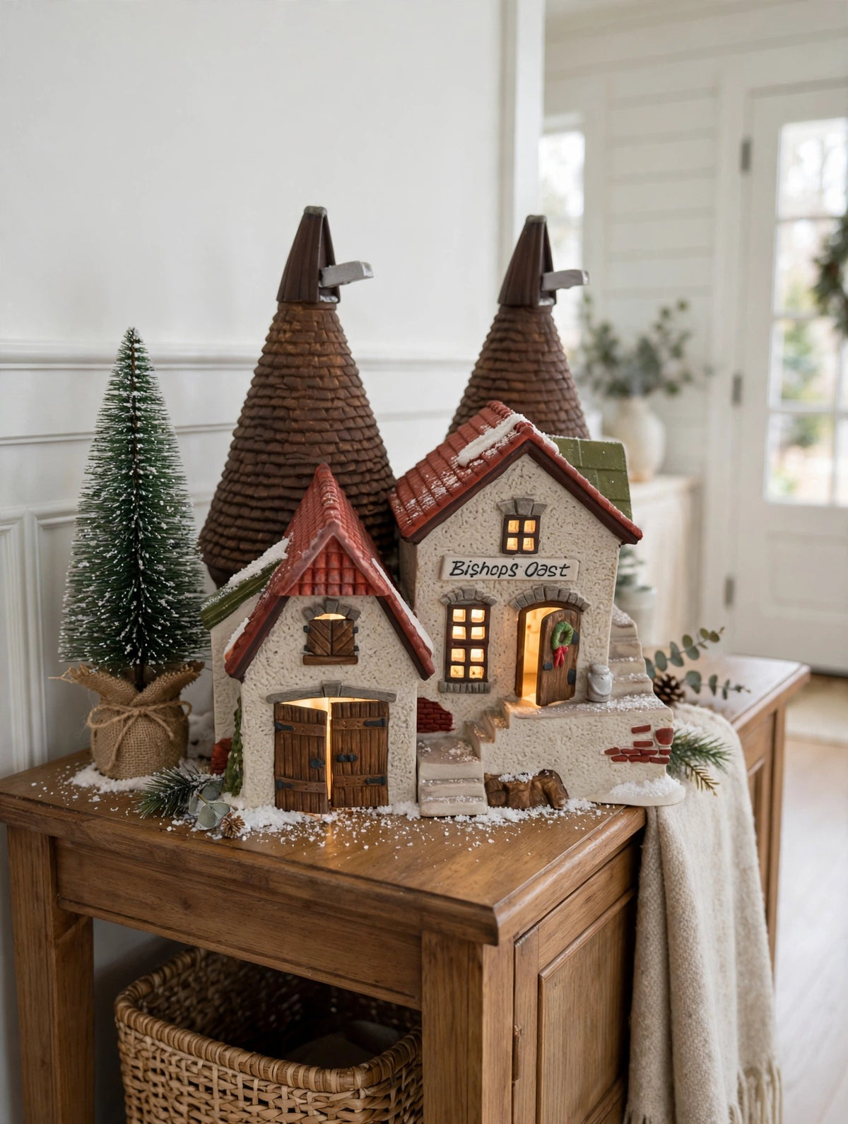 Bishops Oast House in a styled console table Christmas display (display inspiration; only the building is included)