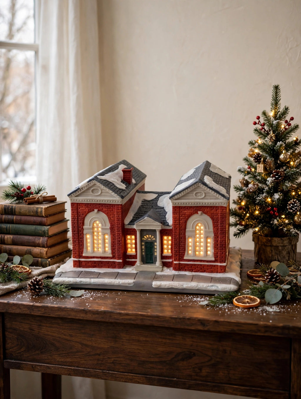 Hawthorne The Library in a styled console table Christmas display (display inspiration; only the library building is included)