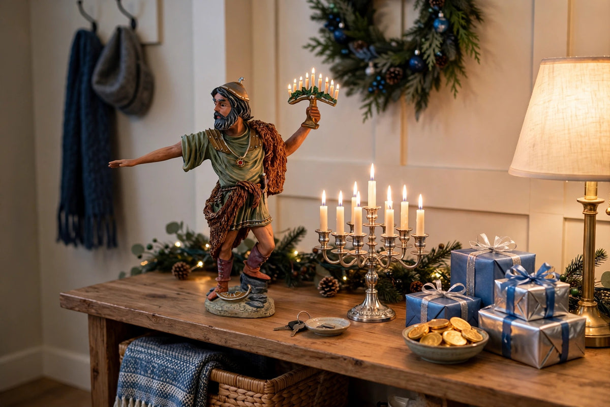 Judah Maccabee displayed on an entryway console with a lit menorah and gifts - display inspiration