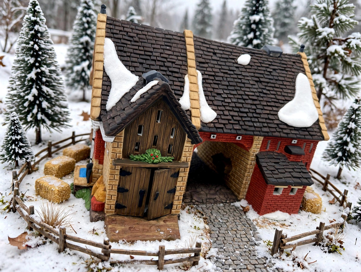 Department 56 Dickens' Village Butter Tub Barn #58338 – shown in a snowy miniature farmyard display with fence, hay bales and pine trees (styled display inspiration)