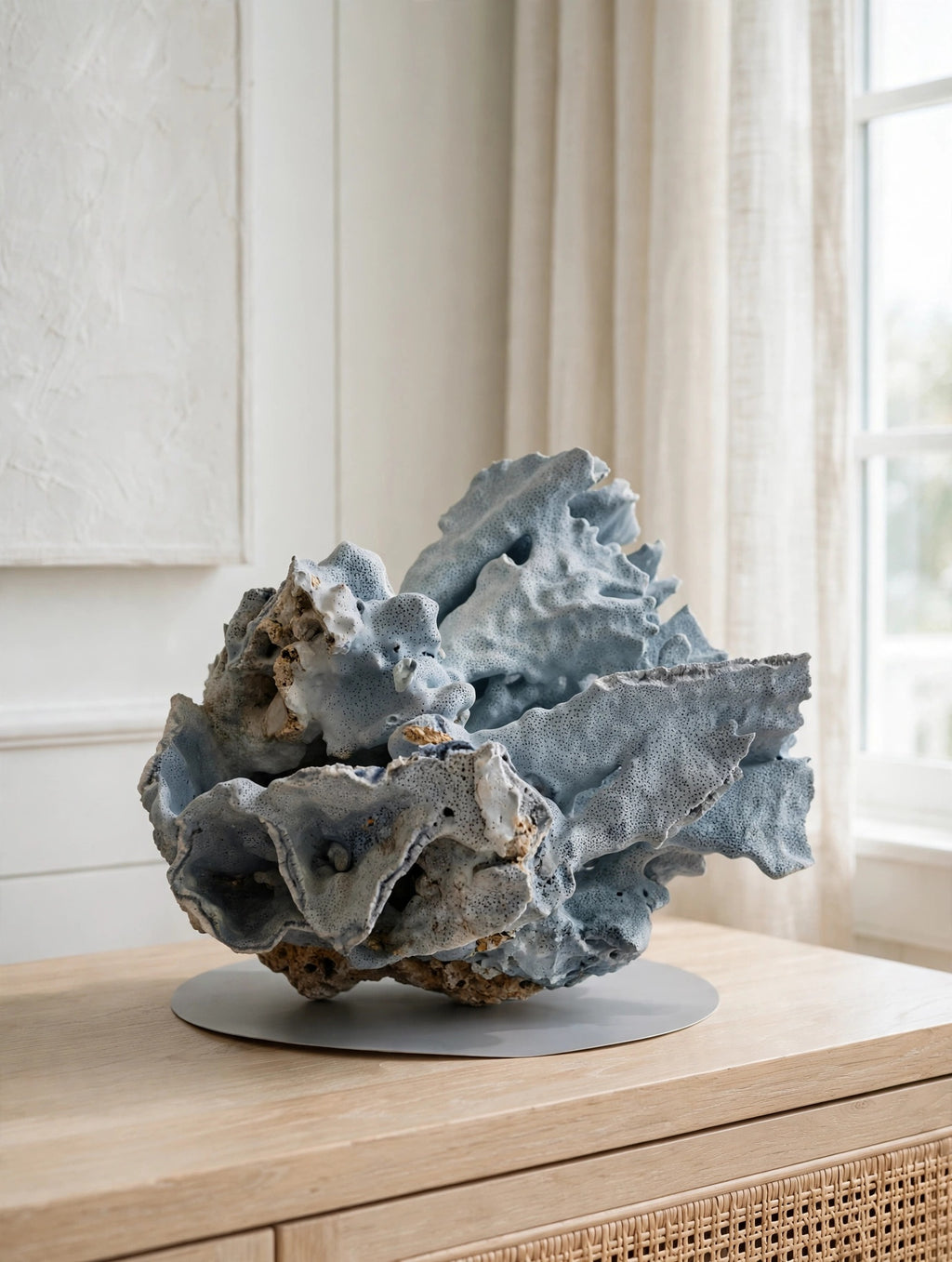 Large natural blue coral specimen on a console table in a bright coastal room — styled display inspiration