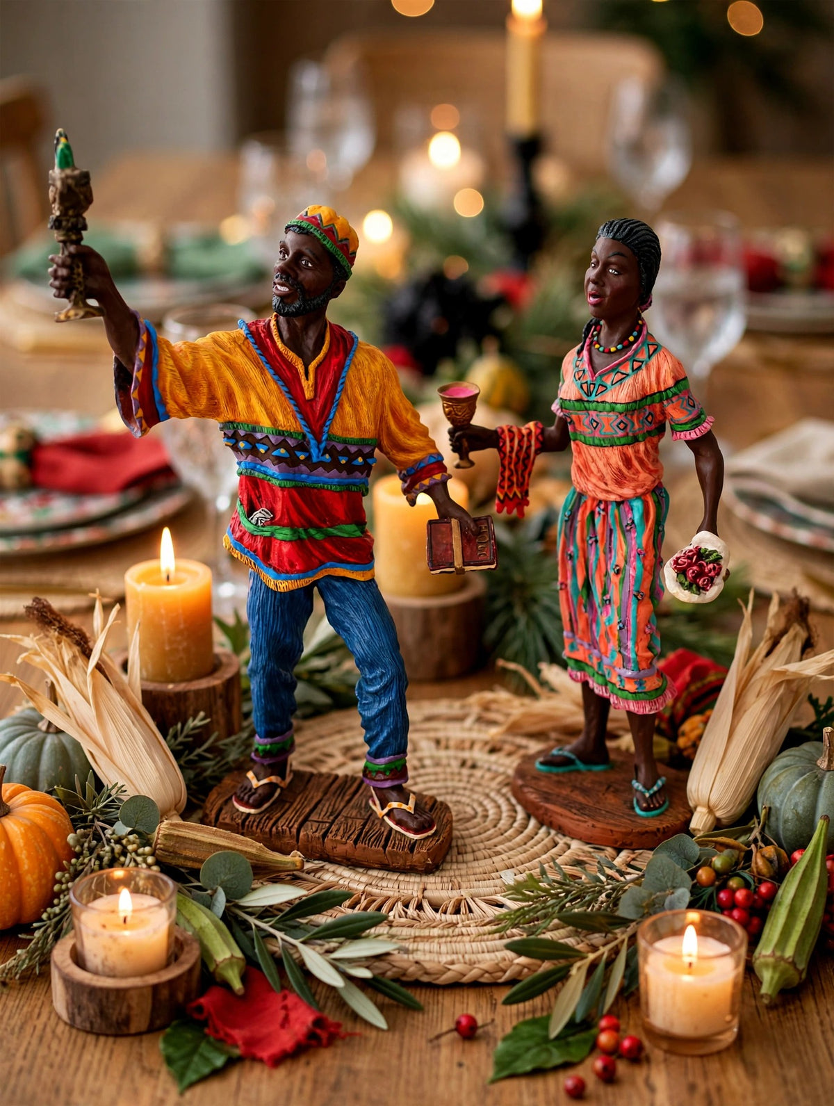 The Kwanzaa pair styled as a table centerpiece with harvest corn, gourds and candles — display inspiration