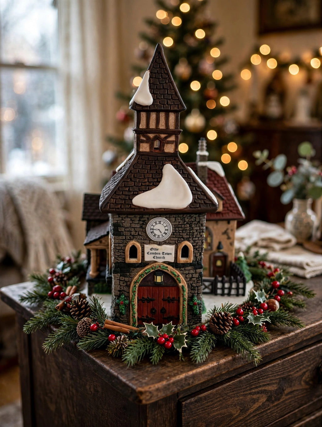 Department 56 Dickens' Village The Olde Camden Town Church 1996 #58346 – styled display inspiration: shown on a wooden sideboard in a vintage home interior