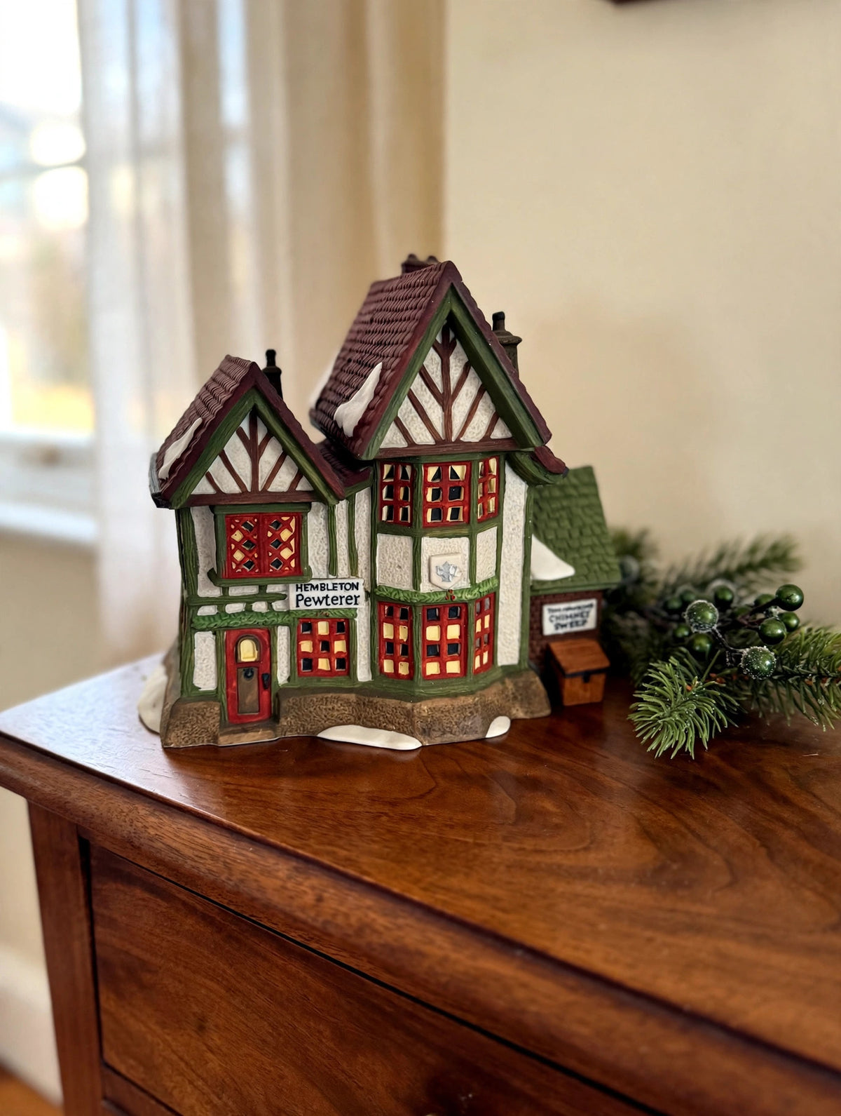 Department 56 Dickens' Village Hembleton Pewterer 1992 #5800-9 – styled display inspiration: shown on a wooden sideboard in a vintage home interior