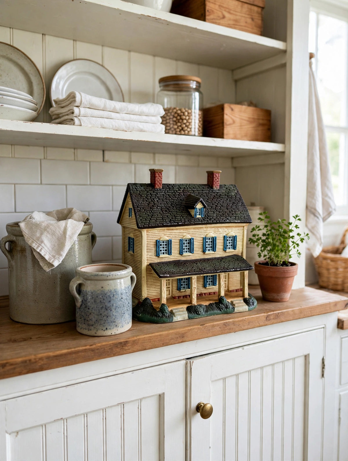 Meadowbrook Farm House styled on a farmhouse kitchen hutch with stoneware crocks — display inspiration