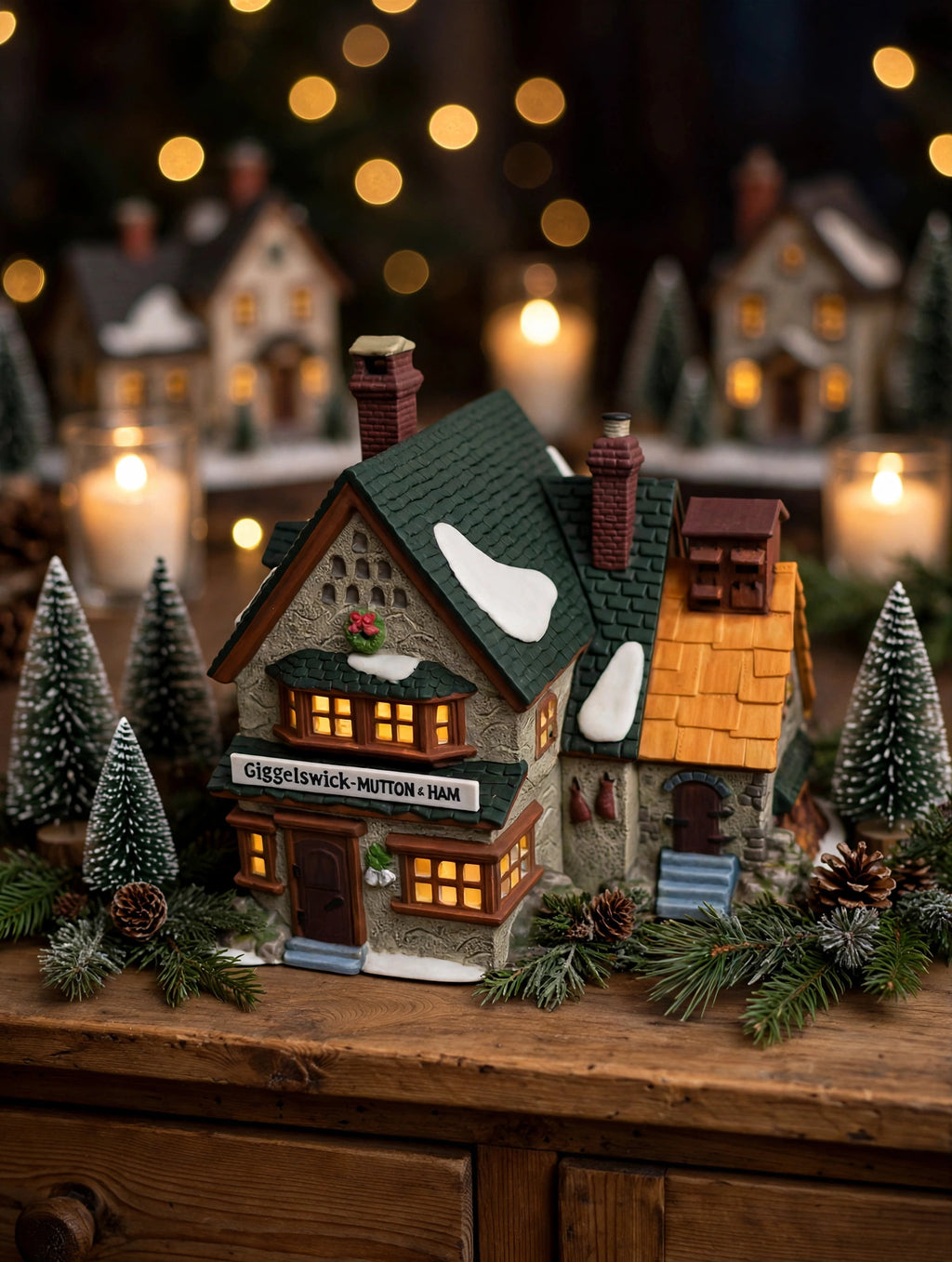 Giggelswick Mutton & Ham in a styled Christmas village display on a wooden hutch with bottle-brush trees, greenery and candles (display inspiration; only the building is included)