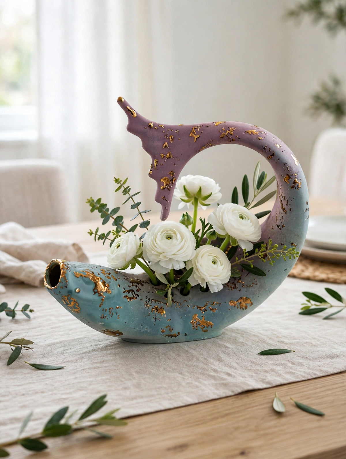 Vintage 1956 ceramic whale-shark flower frog, H. Gates attributed — styled scene: in use, white ranunculus stems arranged through the flower holes on a dining table (display inspiration)