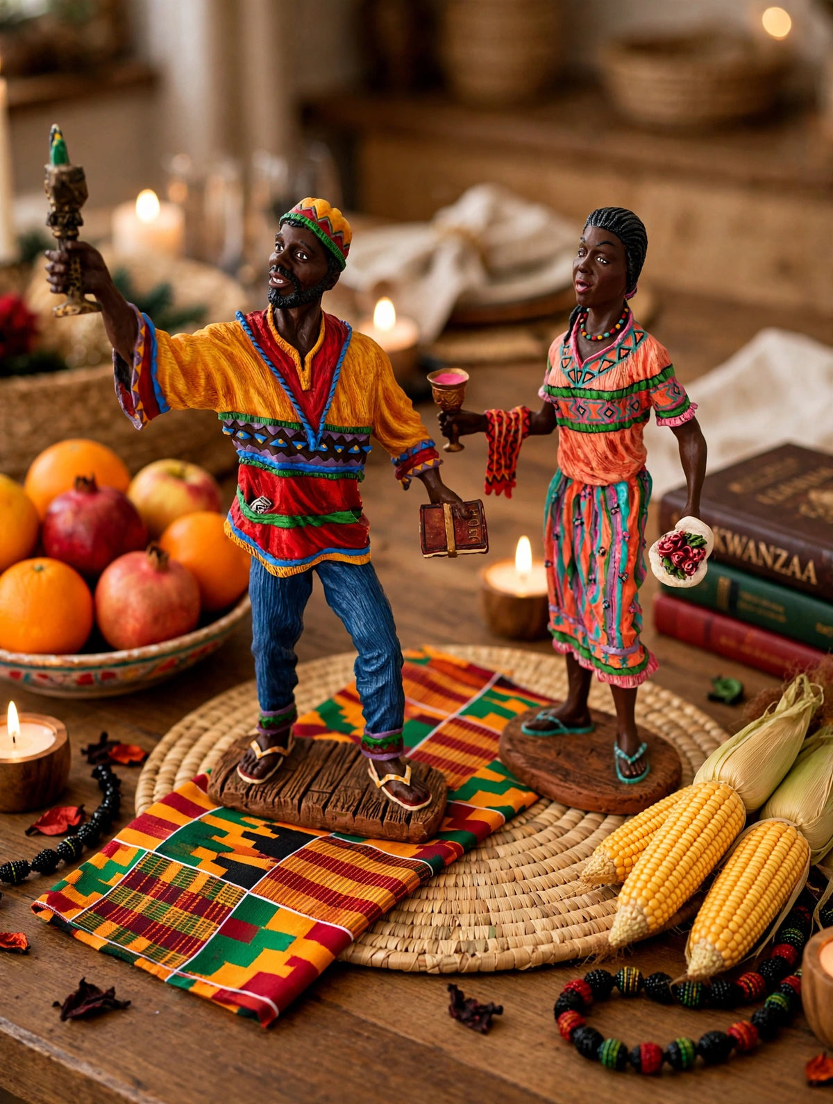 The Kwanzaa pair styled on a celebration table with a woven mkeka mat, kente cloth, corn and fruit — display inspiration