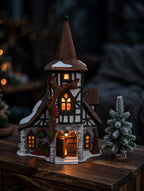 Department 56 Dickens' Village Old Michaelchurch 1992 lighted porcelain church — styled scene: lit from within at dusk beside a frosted miniature pine (display inspiration)