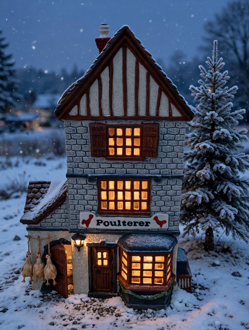 Department 56 Dickens' Village Poulterer 1988 lighted porcelain poultry shop — styled scene: lit from within at dusk beside a frosted miniature pine (display inspiration)
