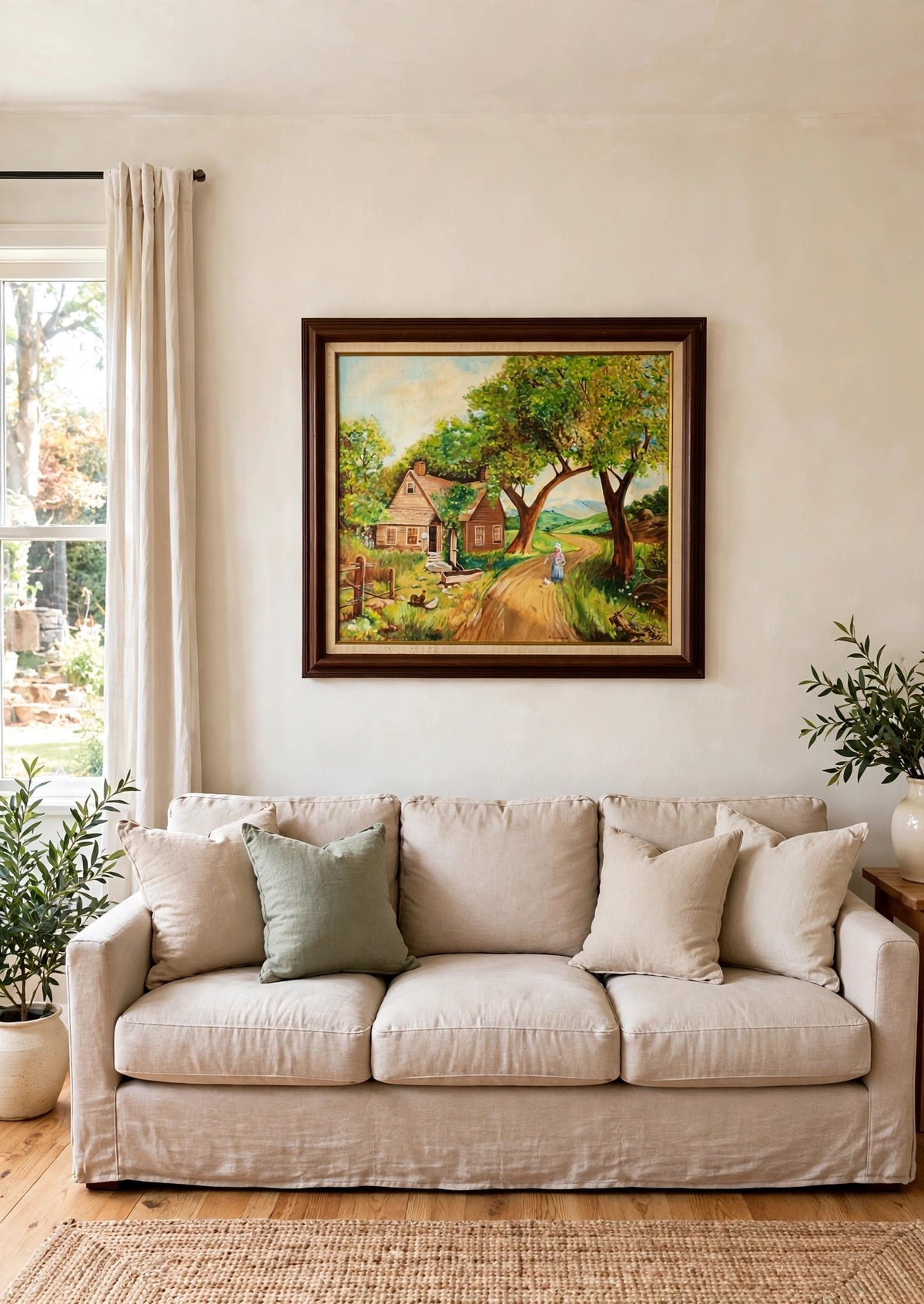 Styled lifestyle photo — the framed Bonnie West country landscape above a linen sofa in a bright country living room (display inspiration)