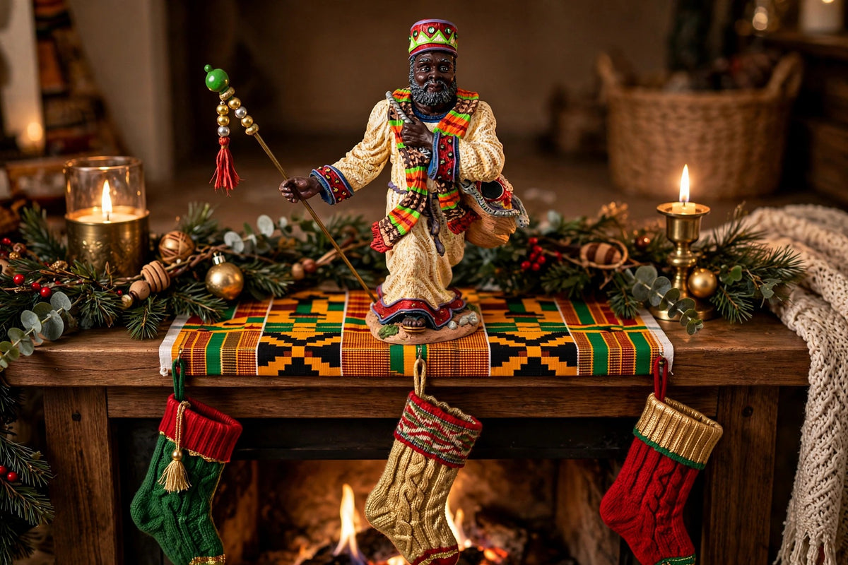 Styled display inspiration — the African American Santa on a fireplace mantel with a kente cloth runner, garland, stockings and candles, shown at true 12-inch scale