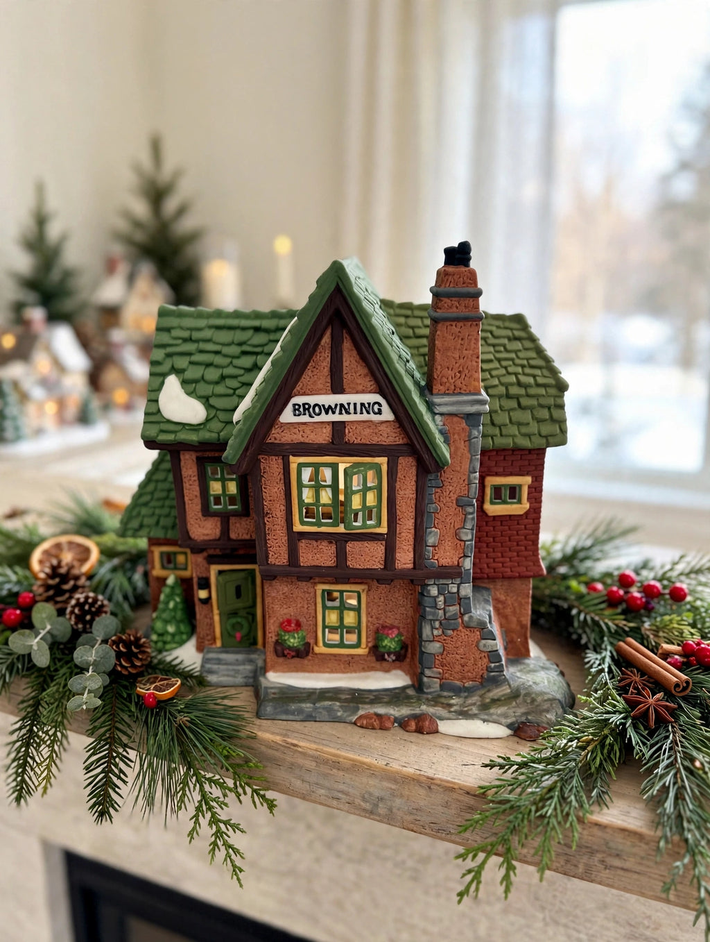 Department 56 Browning Cottage, Dickens' Village, 1994 – shown on a bright Christmas mantel with garland (styled display inspiration)