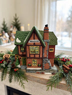 Department 56 Browning Cottage, Dickens' Village, 1994 – shown on a bright Christmas mantel with garland (styled display inspiration)