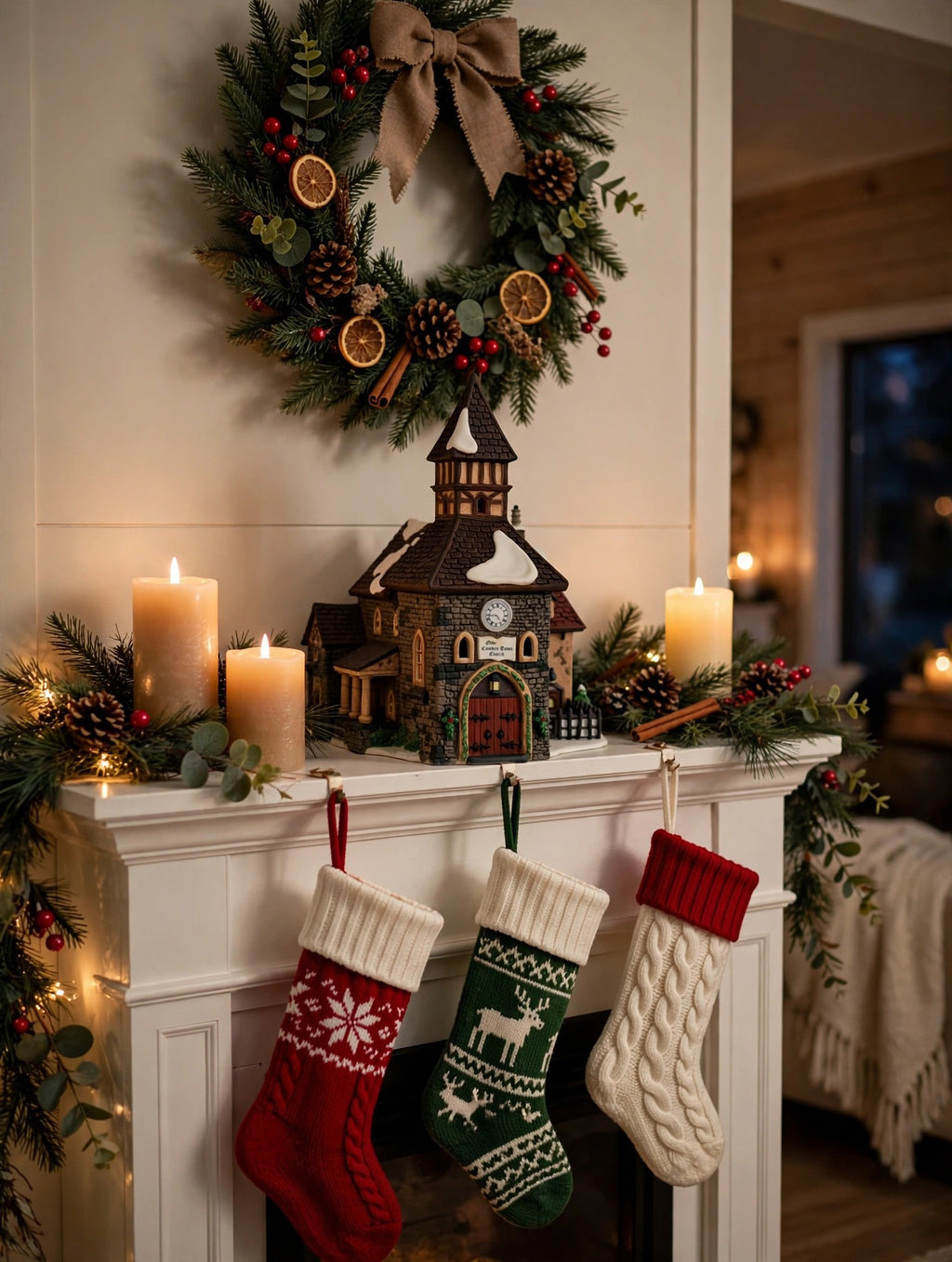 Department 56 Dickens' Village The Olde Camden Town Church 1996 #58346 – styled display inspiration: shown on a Christmas fireplace mantel with stockings and candles