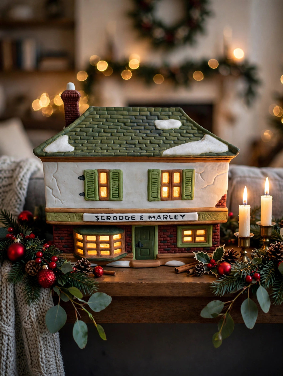 Department 56 Scrooge & Marley Counting House, Dickens' Village, 1986 – shown on a Christmas mantel with candles and garland (styled display inspiration)
