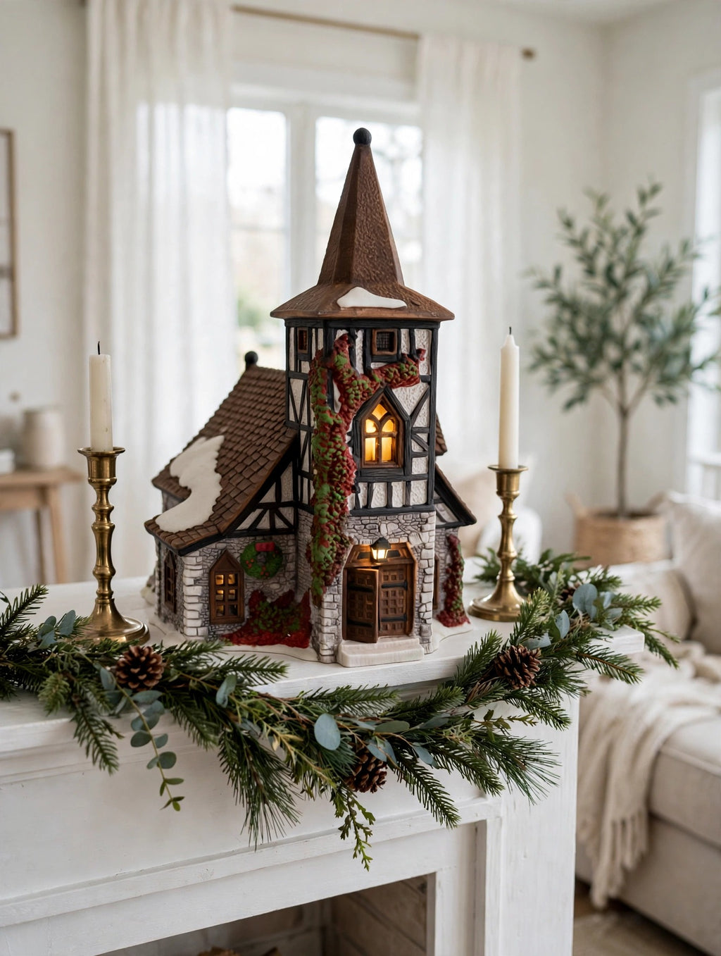 Department 56 Dickens' Village Old Michaelchurch 1992 lighted porcelain church — styled scene: on a white mantel with garland and brass candlesticks (display inspiration)