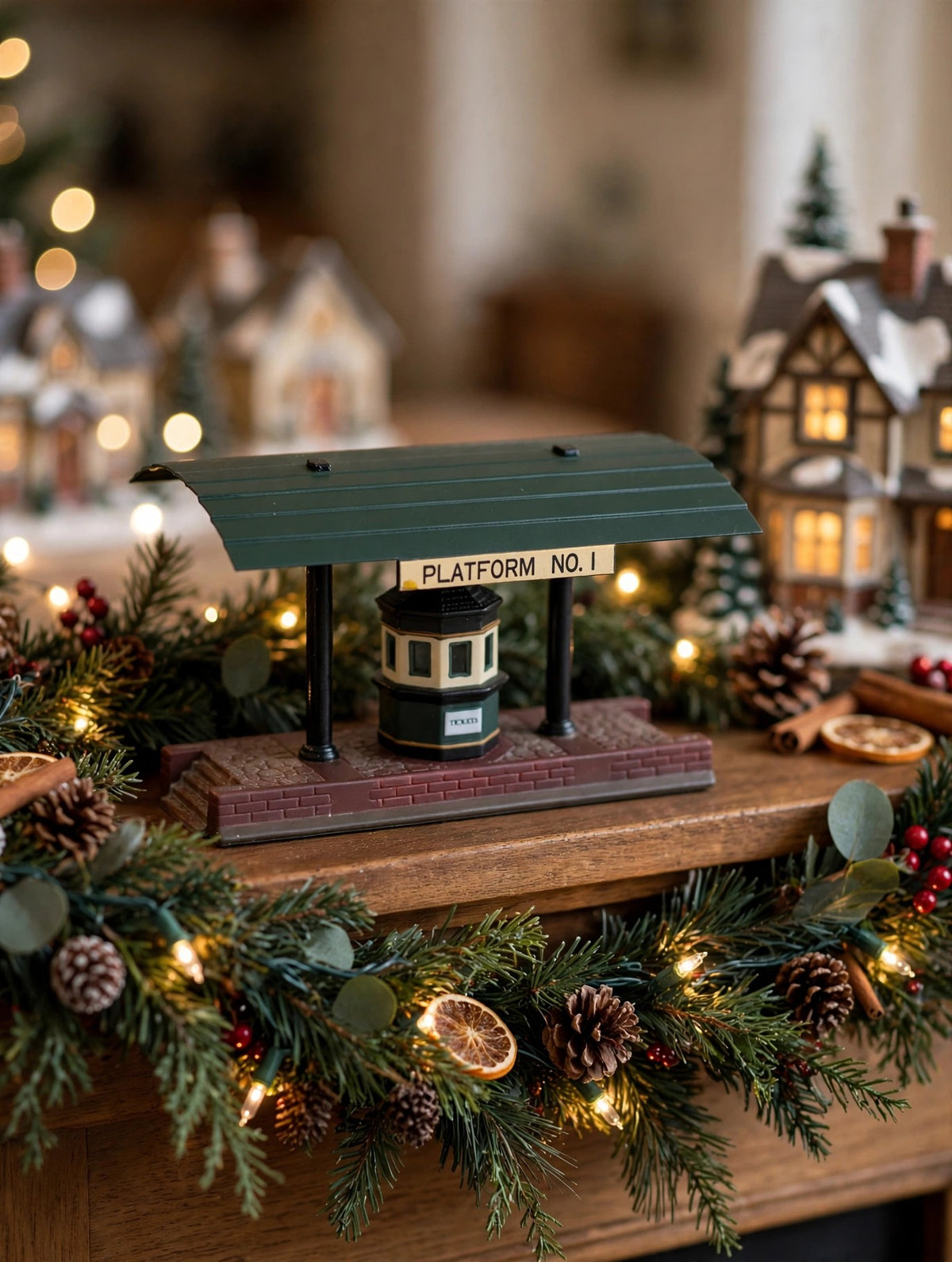 Victoria Station Train Platform styled on a Christmas mantel village row — styled scene, display inspiration only (enhanced photo)