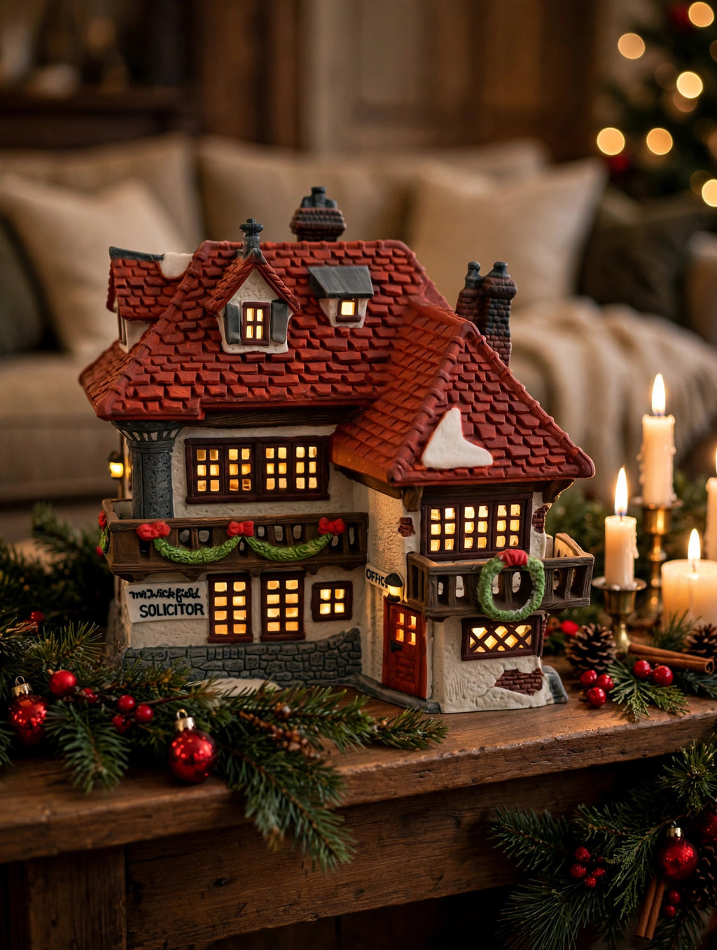 Department 56 Mr. Wickfield Solicitor, Dickens' Village, David Copperfield, 1989 – shown on a Christmas mantel with candles and garland (styled display inspiration)